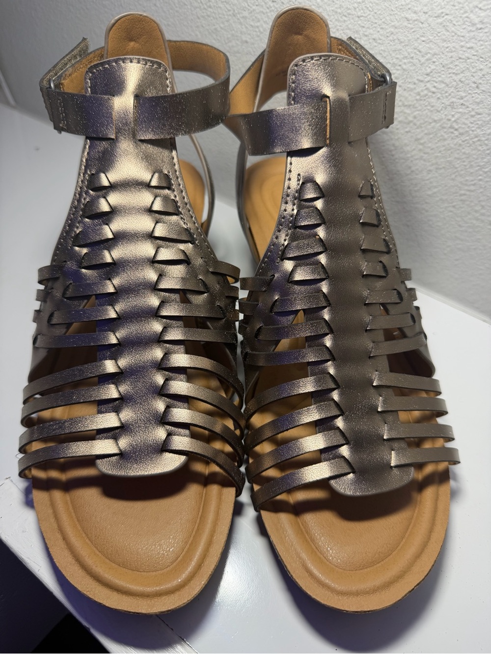 Earth - Hattie Fisherman Pewter Woven T-Strap Wedge Sandals, Size 10M, BNIB